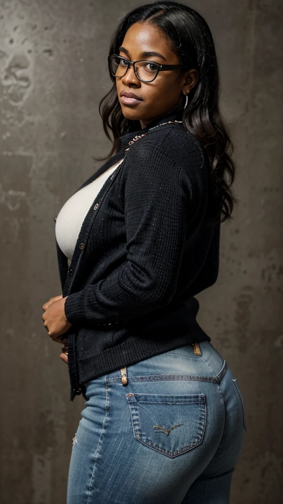 ((masterpiece)), ((best quality)), ((highres)), ((detailed background)), ((extremely detailed CG unity 8k wallpaper)), 1 girl standing straight, big butt, Create a 4K realistic image of a 50 year old milf black nerdwoman, big butt, overweight, big butt

Sge has black curly hair, shes a milf nerdy black woman , very curvy


Shes a black nerdy woman wearing glasses, jeans, sweater, and vest

Dork, pocket protector, taped glasses, suspendors, jeans, sweater, vest, pocket protector 

Poindexter, geek, nerd, fat, dork, dweeb, loser 

Massive butt

Facing camera,


Older, milf, nerd, dork, glasses

Black  skin, older woman 