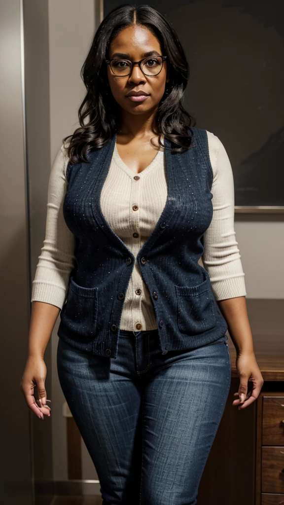 ((masterpiece)), ((best quality)), ((highres)), ((detailed background)), ((extremely detailed CG unity 8k wallpaper)), 1 girl standing straight, big butt, Create a 4K realistic image of a 50 year old milf black nerdwoman, big butt, overweight, big butt
Sge has black curly hair, shes a milf nerdy black woman , very curvy
Shes a black nerdy woman wearing glasses, jeans, sweater, and vest
Dork, pocket protector, taped glasses, suspendors, jeans, sweater, vest, pocket protector
Poindexter, geek, nerd, fat, dork, dweeb, loser
Massive butt
Facing camera,
Older, milf, nerd, dork, glasses
Black skin, older woman