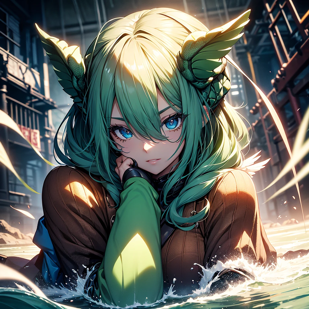 (1girl:1.3), Masterpiece, Best quality, amazing beauty, [[3D]], 4K, absurdres, finely detail, super detailed eye, perfect anatomy, official art, cinematic lighting, BREAK, Island, A cute girl with green skin, a turtle shell on her back, and webbed hands and feet. She has a water-filled dish on top of her head.