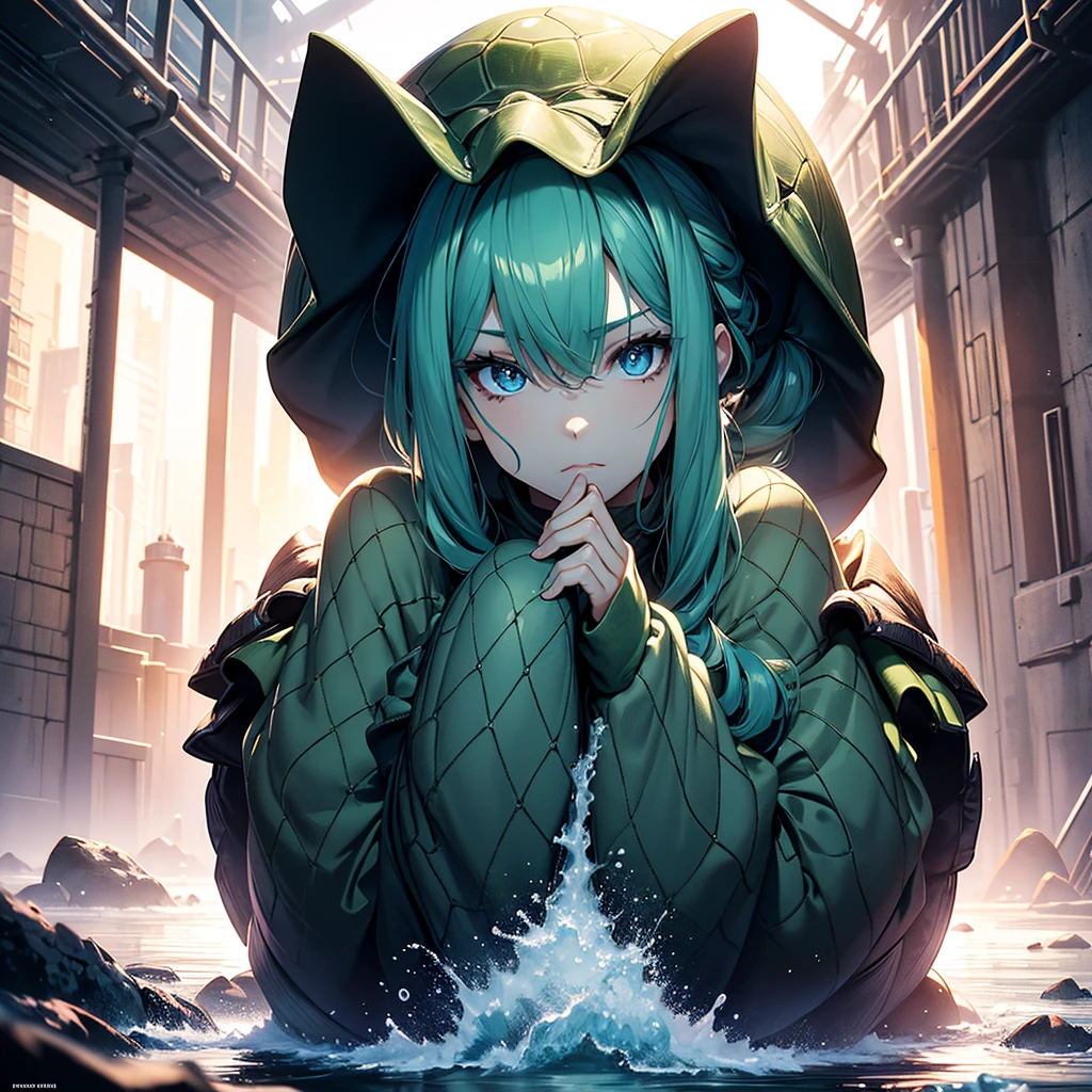 (1girl:1.3), Masterpiece, Best quality, amazing beauty, [[3D]], 4K, absurdres, finely detail, super detailed eye, perfect anatomy, official art, cinematic lighting, BREAK, Island, A cute girl with green skin, a turtle shell on her back, and webbed hands and feet. She has a water-filled dish on top of her head.