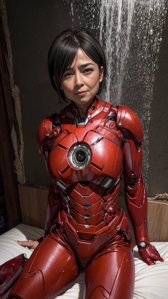 Highest quality 8k Red Iron Man Suit Girl Middle-aged women Sweaty face cute short hair boyish Steam coming out of my head My hair is wet with sweat The feel of black hair Full body portrait My upper body is soaked I can see the vagina Lying in bed Face soaked Crotch leg Man muscle