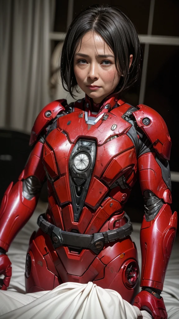 Highest quality 8k Red Iron Man Suit Girl Middle-aged women Sweaty face cute short hair boyish Steam coming out of my head My hair is wet with sweat The feel of black hair Full body portrait My upper body is soaked I can see the vagina Lying in bed Face soaked Crotch leg Man muscle