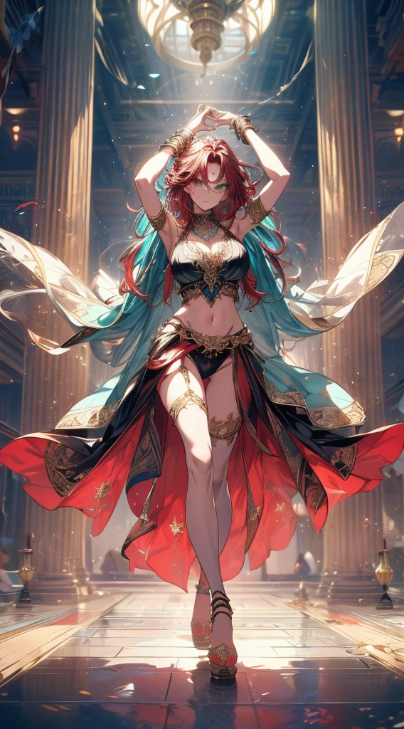 ((Ultra-high resolution, 8K RAW Photos, Surrealism)), ((Correct anatomy:1.5, Ideal body proportions, Long legs:1.37)), Dance Oppai gal, Dance, Swinging breasts, Take solid steps, (Leg lift:1.2, Raise your arms:1.3, armpit:1.2), Floating Turn, veer, Twisted body, Long wavy hair, Silver Hair, Dark Red Mesh Hair, Flowing hair, Fluttering hair, (High detail face, Super detailed eyes), (SFW:1.25), Belly Dance, Arab, Turquoise Green Clothing, Exquisite clothes and accessories, Transparent clothes, Mesh Robe, Grand festival performance, indoors, In the temple, Special Altar, Sexy dance, Lean Back, showing off the crotch, Looking at the audience, Sexy smile, Hook of Holland, From below, side view, floating extra Transparent clothes, splash, Bokeh, extra floating Transparent clothes,