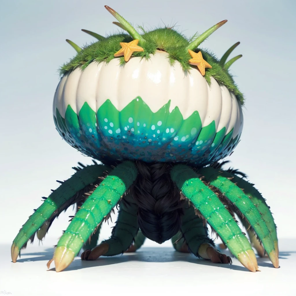 Big Animaly, has green stripes on his skin, blue eyes, starfish mixed with spider, Grassroots, no background