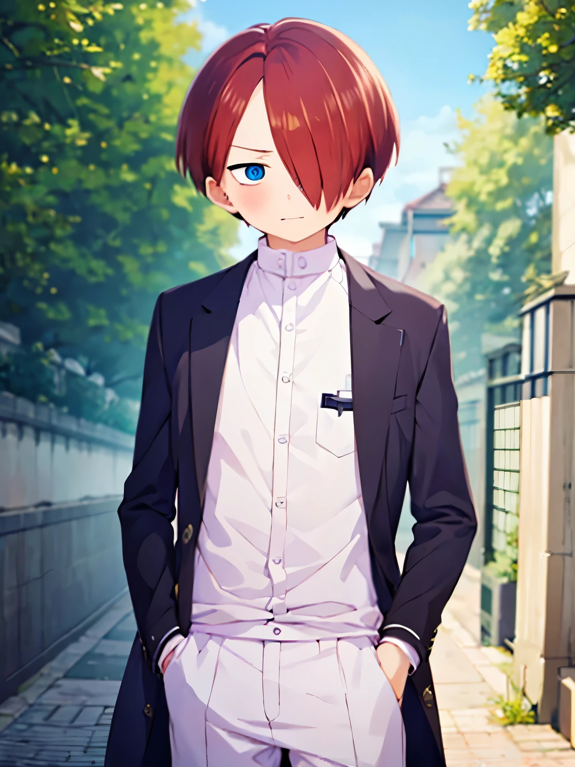 1boy, solo, male focus, kyoutarou_ichikawa, red hair, blue eyes, short hair, hair over one eye, bangs, , alternate history, , half body photo,slight smile,standing,Royal clothing