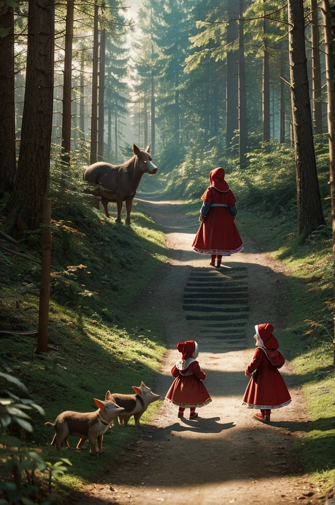 Hello, could you help me by generating a Pixar image of Little Red Riding Hood?, snow white and the three little pigs in a forest