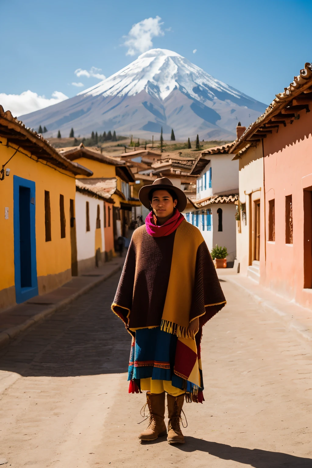 A highly realistic full body portrait of a "man"16 year old named Inti, standing and looking towards the camera on a street in a town near the Chimborazo volcano. He has short black hair, dark eyes and a neutral expression. Make sure his face is clear and realistic, without any deformation. He wears traditional Andean clothing: a colorful poncho, a wool hat, a woolen skirt-like garment and sturdy boots. The street is lined with adobe houses with red tile roofs. Chimborazo Mountain is visible in the background under a clear blue sky. The sunlight softly illuminates his figure, highlighting the vibrant colors of their clothing and the charming atmosphere of the town."