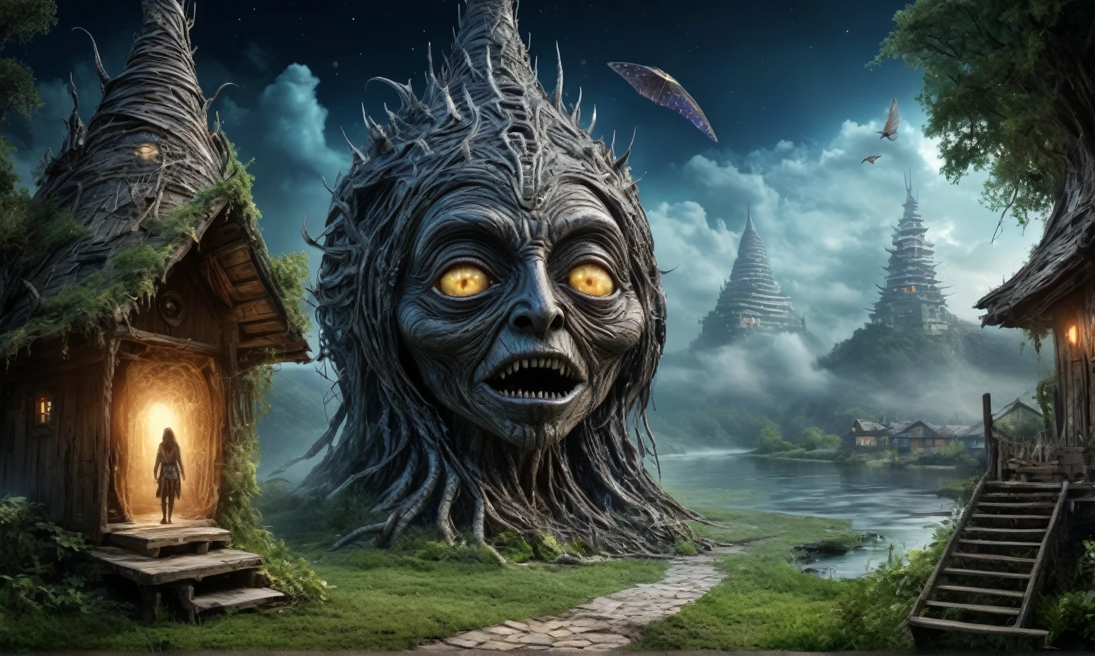 full body length shot,very beggar niobium mummy of Alien Entity,native american half-Puck, wants eat,survival,fairyland, Medieval castle ,Cinematic,soft colors, Technicolor,natural skin textures, hyper realism, hyper detailed,Extremely detailed,High contrast,Masterpiece,Realistic,Ultra Detailed, intricate details,realistic humid leather,extremly intricate,Epic Realistic, cinematic style, irina yermolova,high contrast,hdr,extremely detailed, deep night landscape,masterpiece, intricate details, eyes extremely detailed, high detailed eyes,8k resolution,retina, Nikon Z9,Norsemade,Li River ,perfect, Elf,transition between two art styles, Double contact, X-ray, Creative, vivid light, fantasy Abstract, Surrealism, super detailed, high resolution, traps against fairies between houses in air,insanity wear,portal,magic