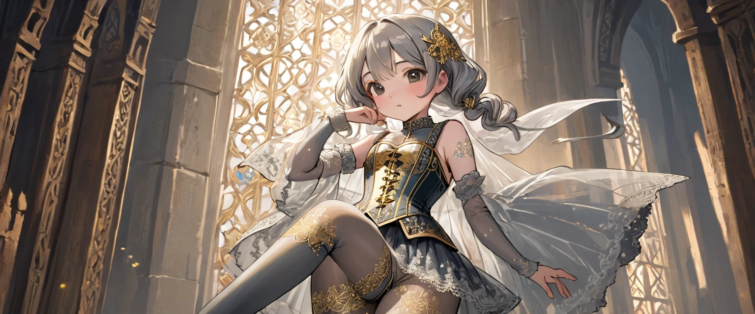 8 year old medieval girl、 Gold and silver embroidery, underwear姿、Translucent bloomers with knee-length lace（underwear）Wearing、Wearing a semi-transparent corset、Grey translucent tights