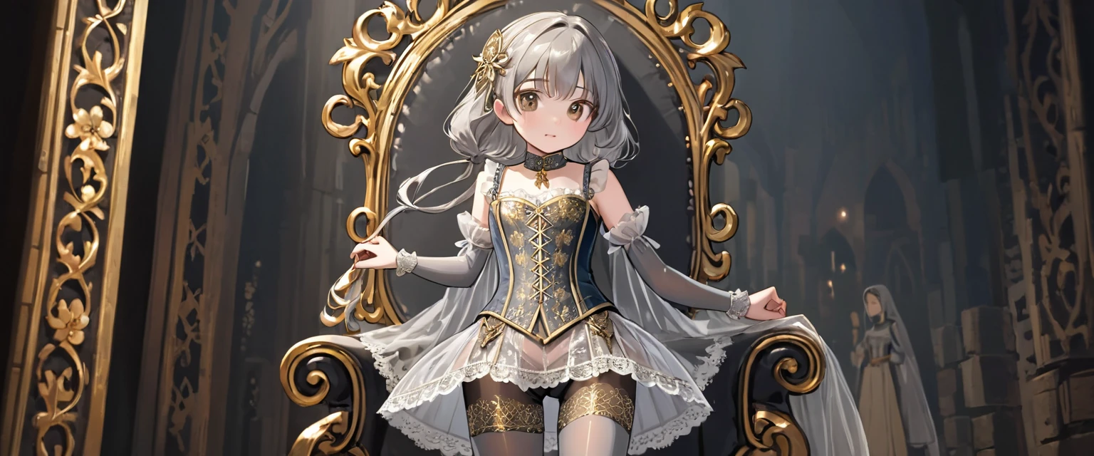 8 year old medieval girl、 Gold and silver embroidery, underwear姿、Translucent bloomers with knee-length lace（underwear）Wearing、Wearing a semi-transparent corset、Grey translucent tights