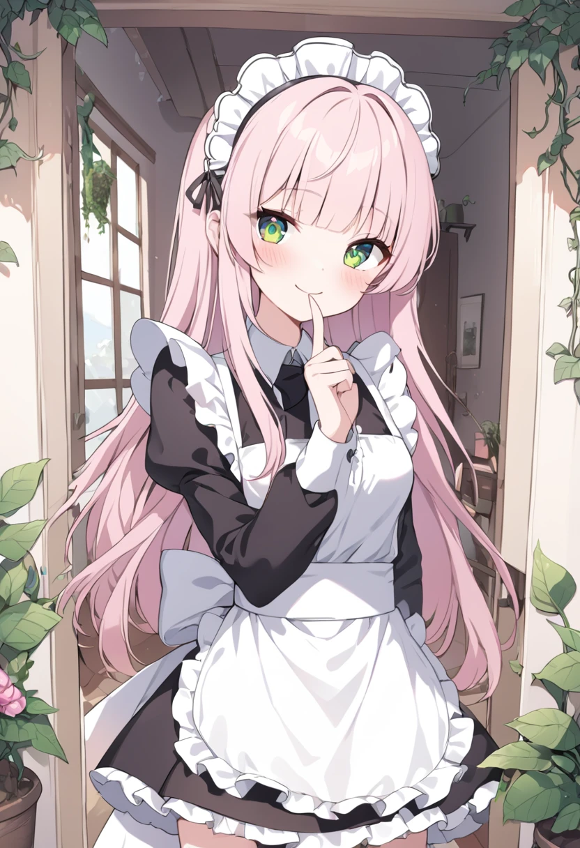 nsfw,nakedinsanely detailed, absurdres, ultra-highres, ultra-detailed, best quality,
naked1girl, solo, nice hands, perfect hands,
BREAK
nameapron, nakedblush, nakedbow, nakedbowtie, nakedfrilled apron, nakedfrills, nakedlong sleeves, nakedmaid, nakedmaid apron, maid headdress, nakedwaist apron, nakedwhite apron
BREAK
smile, closed mouth
BREAK
finger to mouth, index finger raised, shushing, cowboy shot, looking at viewer,
BREAK
slender, kawaii, perfect symmetrical face, ultra cute girl, ultra cute face, ultra detailed eyes, ultra detailed hair, ultra cute, ultra beautiful,
BREAK
day, flower, ivy, leaf, indoors, open door, plant, potted plant, vines, window,
BREAK
white (pink:1.2) hair, green eyes, long hair, medium breasts, bangs, eyebrows visible through hair,