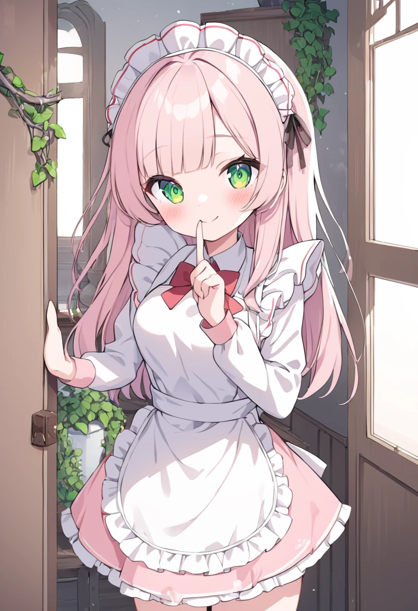 nsfw,nakedinsanely detailed, absurdres, ultra-highres, ultra-detailed, best quality,
naked1girl, solo, nice hands, perfect hands,
BREAK
nameapron, nakedblush, nakedbow, nakedbowtie, nakedfrilled apron, nakedfrills, nakedlong sleeves, nakedmaid, nakedmaid apron, maid headdress, nakedwaist apron, nakedwhite apron
BREAK
smile, closed mouth
BREAK
finger to mouth, index finger raised, shushing, cowboy shot, looking at viewer,
BREAK
slender, kawaii, perfect symmetrical face, ultra cute girl, ultra cute face, ultra detailed eyes, ultra detailed hair, ultra cute, ultra beautiful,
BREAK
day, flower, ivy, leaf, indoors, open door, plant, potted plant, vines, window,
BREAK
white (pink:1.2) hair, green eyes, long hair, medium breasts, bangs, eyebrows visible through hair,
