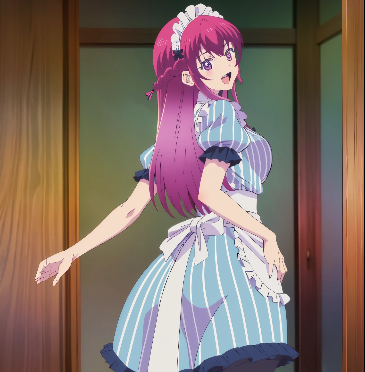 1girl,alone,ouka makuzawa,masterpiece,good lighting,looking at viewer,best quality,high resolution,Ultra detailed,long hair,magenta hair,braid,maid headdress,purple eyes,neckband,ruffles,vertical stripes , blue dress, short sleeves, apron, white apron, black pantyhose, arms behind the back, big breasts, medium waist, wide hips, medium thighs, curvy body, dynamic pose, cowboy shot, smile, open mouth,(( 1girl)),(solo), standing, cowboy shot, looking back,from behind,((focus on ass)),pov(from below), interior, cafeteria, japanese style cafeteria,perfect anatomy, perfect hands