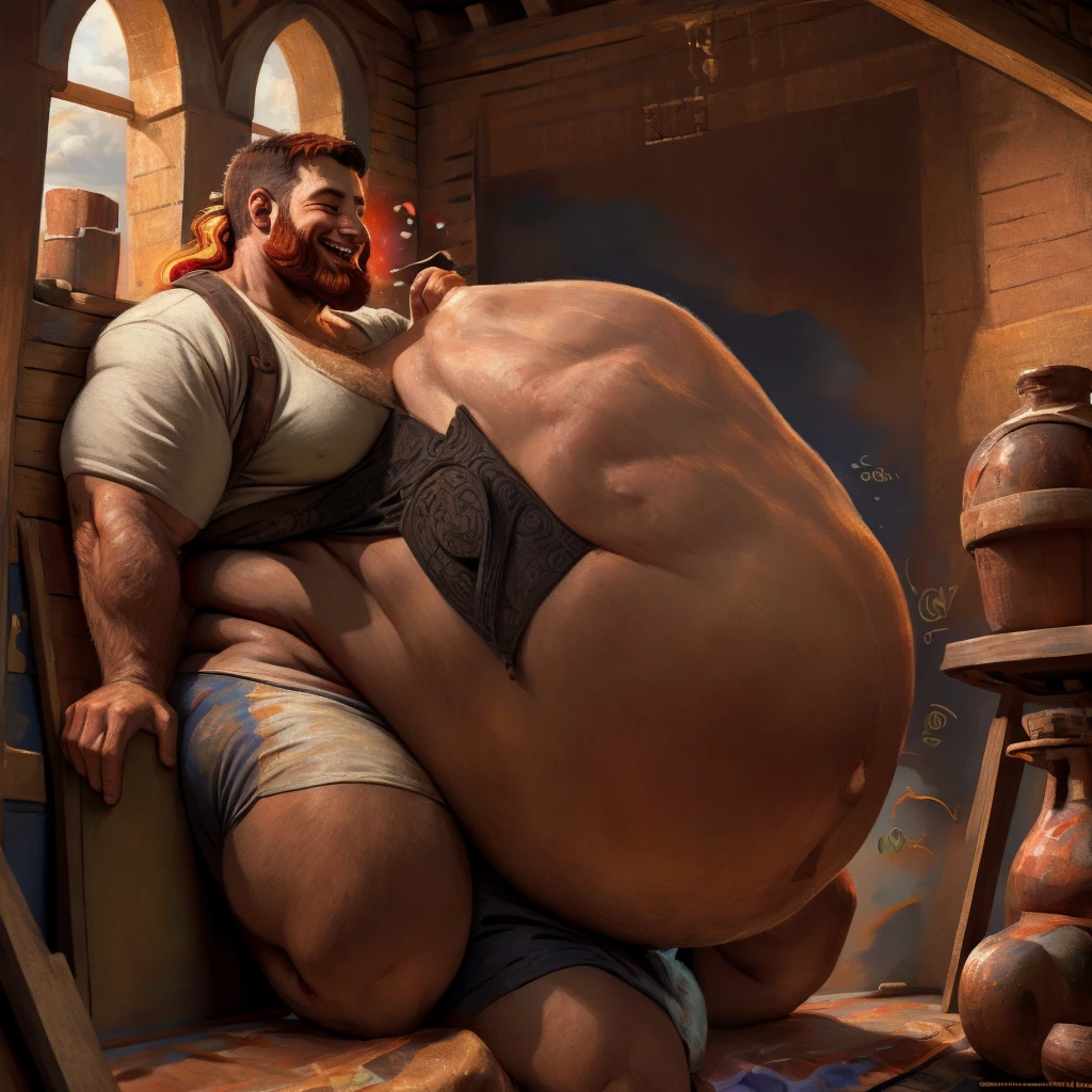 fat old man, laugh, food, red beard, detailed portrait, realistic, photorealistic, ultra-detailed, 8k, best quality, masterpiece, warm lighting, vibrant colors, oil painting, chiaroscuro, impasto, atmospheric, intricate details, dramatic composition