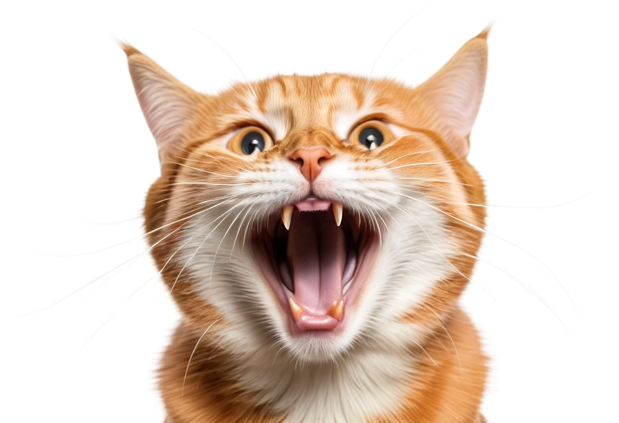 Front side close up of orange cat with a excited face expression, isolated white background