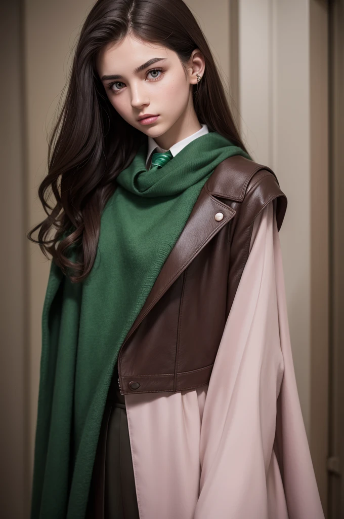 best qualityer, , 17 yr old, gigawatt Slytherin outfit, straight dark brown hair, pink lips, detailed nose and clear skin