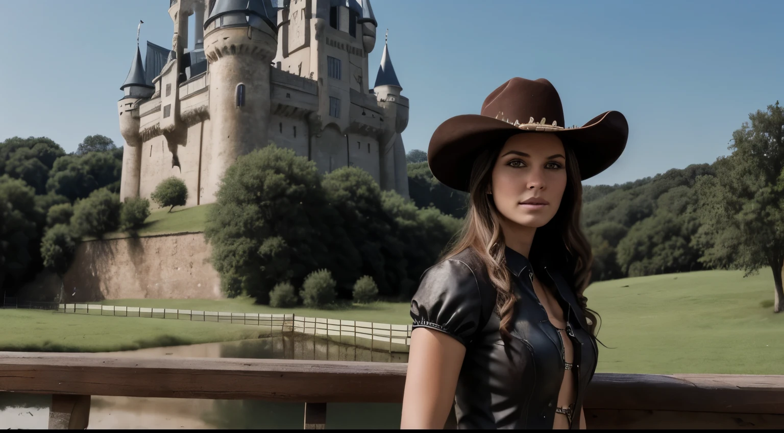 cogirl next to the horse, in the background castle, high definition image, garota cowboy, cowgirl, horse in the field, horse in the background, horse, horse grazing, horse in the field