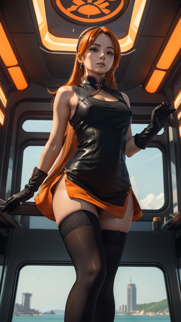 ((best quality)), ((masterpiece)), ((1girl)), solo, Ferry, ((long hair)), FerryBase, ((thighhighs)), bare shoulders, ((jewelry)), ((sleeveless)) orange and black short cheongsam ((gloves)), thigh-high, from below