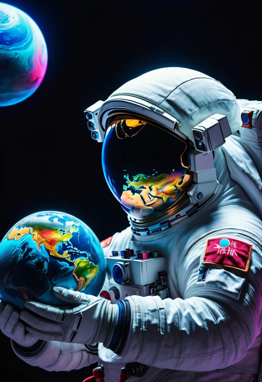A Chinese astronaut holds a planet in his arms，close up，Glowing fluorescent feeling，Transparency，dream，Monet's color scheme，Texture Matte，high quality，High Definition,Rose red，blue，Neon light，black background，