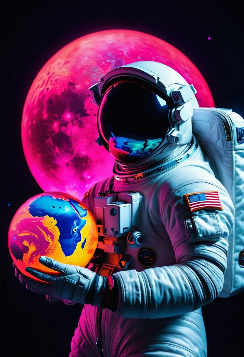 A Chinese astronaut holds a planet in his arms,close up,Glowing fluorescent feeling,Transparency,dream,Monet's color scheme,Texture Matte,high quality,High Definition,Rose red,blue,Neon light,black background,