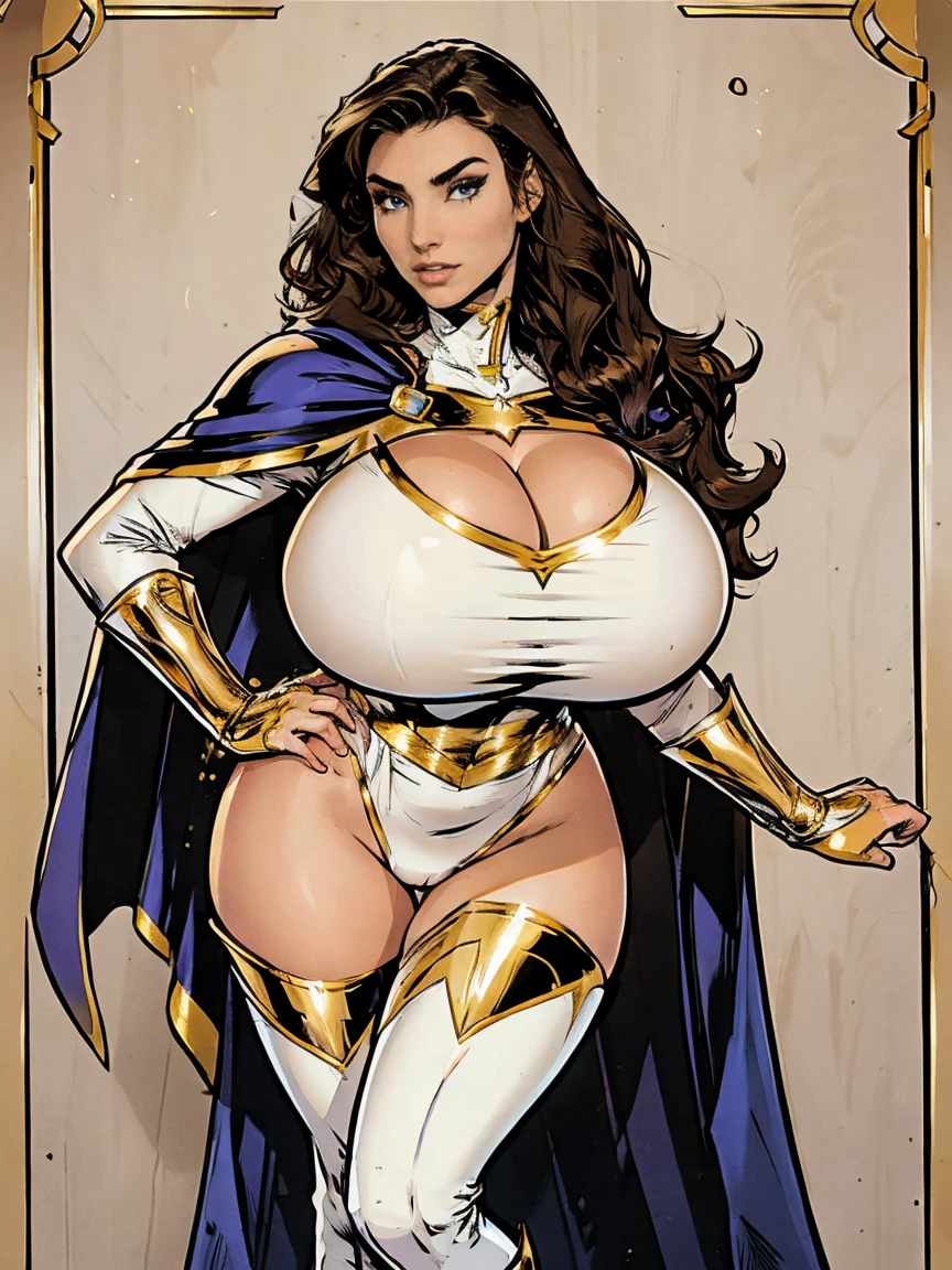 Gorgeous and sultry busty athletic (thin) brunette with sharp facial features and a (large nose) and (huge boobs) wearing a white and gold superhero leotard, cape, gloves, thigh-high boots