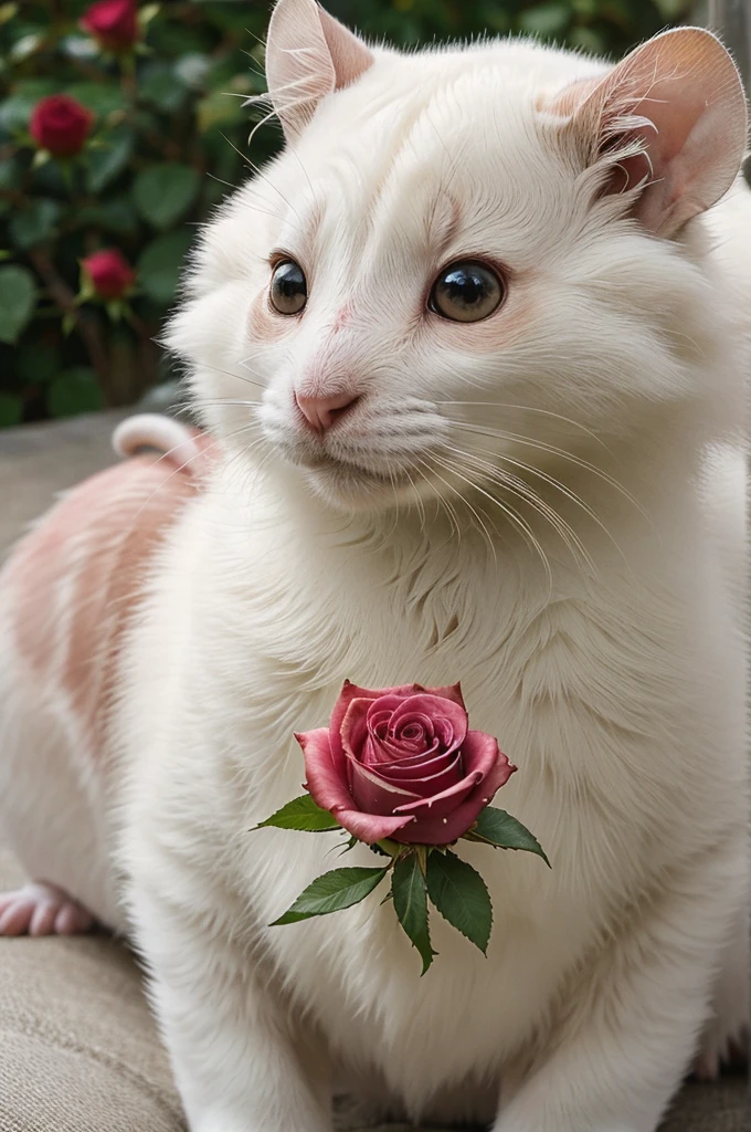 The Rrose has the delicate, petal-like features of a rose, with soft, velvety fur that resembles the gentle texture of rose petals. Its body is a sturdy, rodent-like form, with a subtle sheen that hints at its magical nature. The fur is a mesmerizing mix of pink, red, and white hues, arranged in an intricate pattern that shifts and changes as the light catches it. Its eyes are bright, shining like dew-kissed rose petals, with vertical pupils that seem to gleam with a quiet intelligence. Delicate, thorn-like protrusions adorn its back, shimmering with a subtle, ethereal glow. As it moves, its fur releases a sweet, heady scent that fills the air, like the perfume of freshly blooming roses.