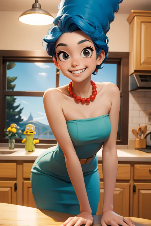 margesimpson, black eyes, yellow skin, afro, big blue hair, pearl necklace,strapless green dress, looking at viewer, serious, evil grin, leaning forward, on table, inside cozy kitchen, from_below, soft lighting, high quality, masterpiece,  