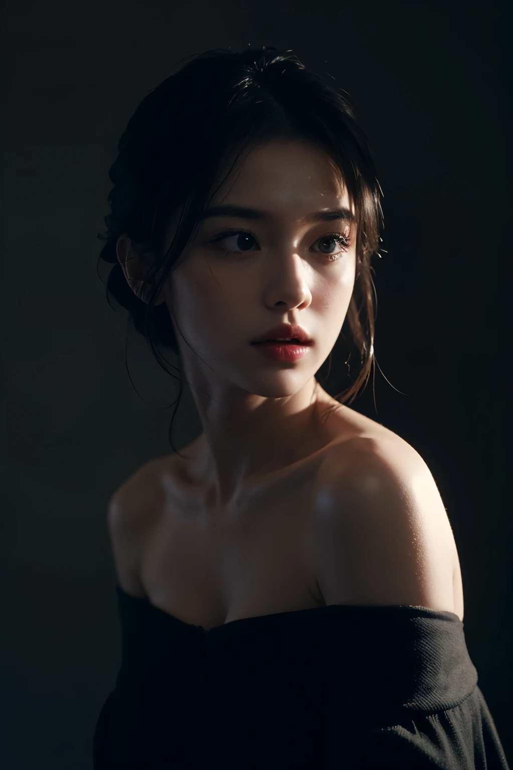 Best quality, masterpiece, ultra high res, (photorealistic:1.4), raw photo, 1girl, offshoulder, deep shadow, low key, cold light, chiaroscuro, grey background