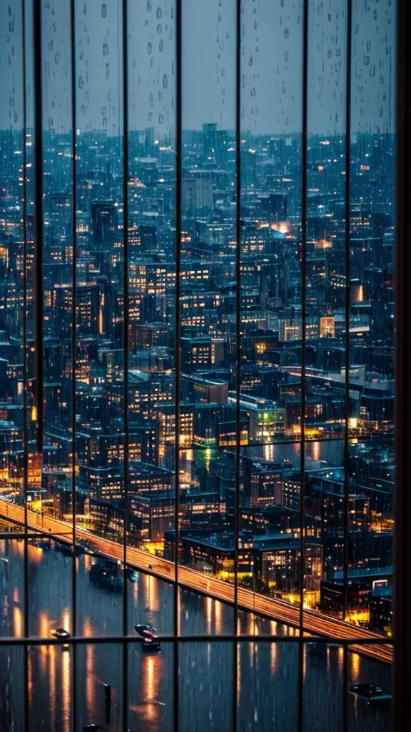 Rainy scenery seen from a window in the city Night view