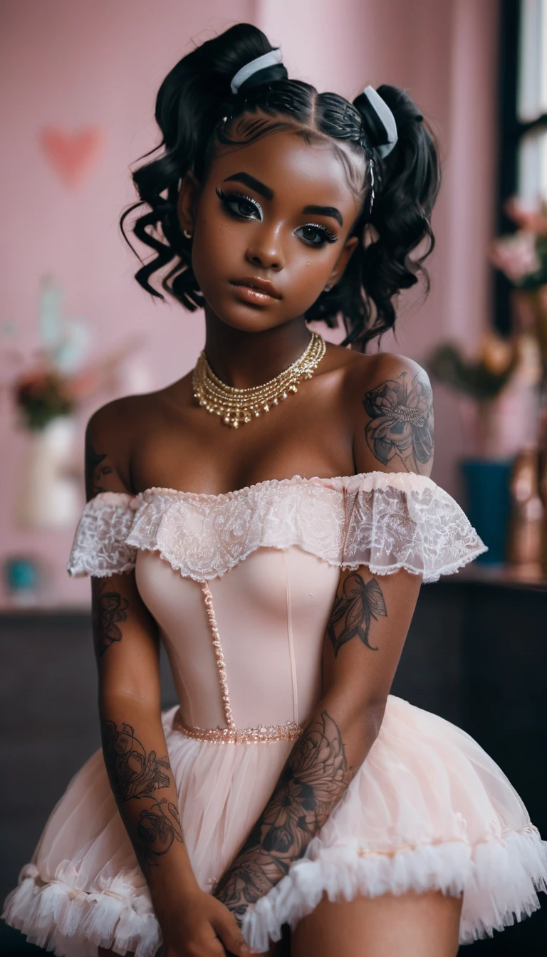 multiple girls, portrait, cute, egirl makeup, , stunning details, intricate design, unique face, Loliigure, freckles, dark skin, deep tan, (african girl), black hair, , arm tattoo, ballet slippers,Black person, dark skin, dark-skinned