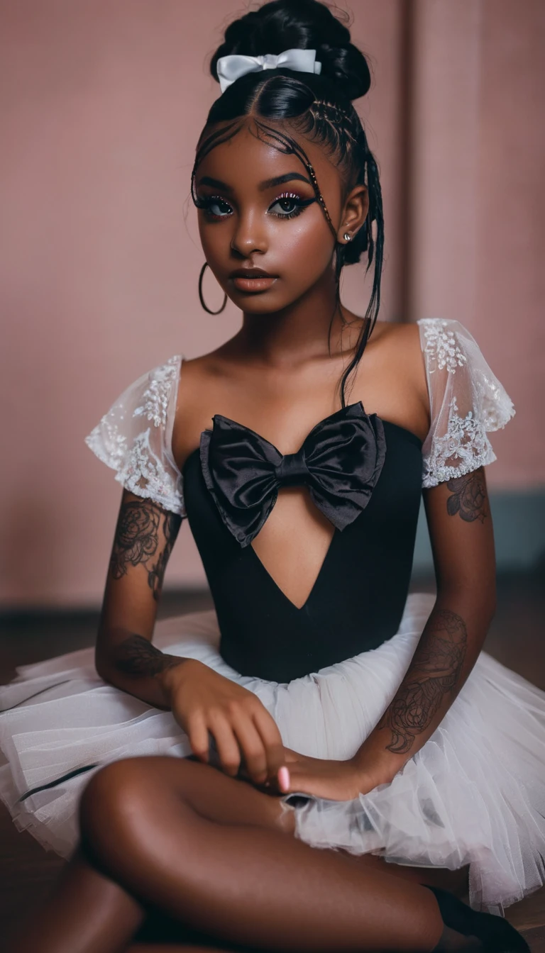 multiple girls, portrait, cute, egirl makeup, , stunning details, intricate design, unique face, Loliigure, freckles, dark skin, deep tan, (african girl), black hair, , arm tattoo, ballet slippers,Black person, dark skin, dark-skinned