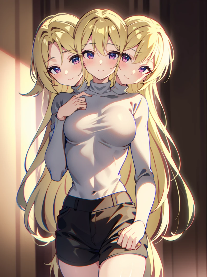 best quality, (masterpiece),(ultra-detailed), (high quality), (high resolution), ((3heads:1.5)), best quality:1.5, highres, UHD, 16K), smiling, highres, masterpiece, ((blonde hair)), (long hair), blushing, ((cinematic particles)), cowboy shot, ((black turtleneck shirt)), gray shorts, sharp looking eyes,, headband