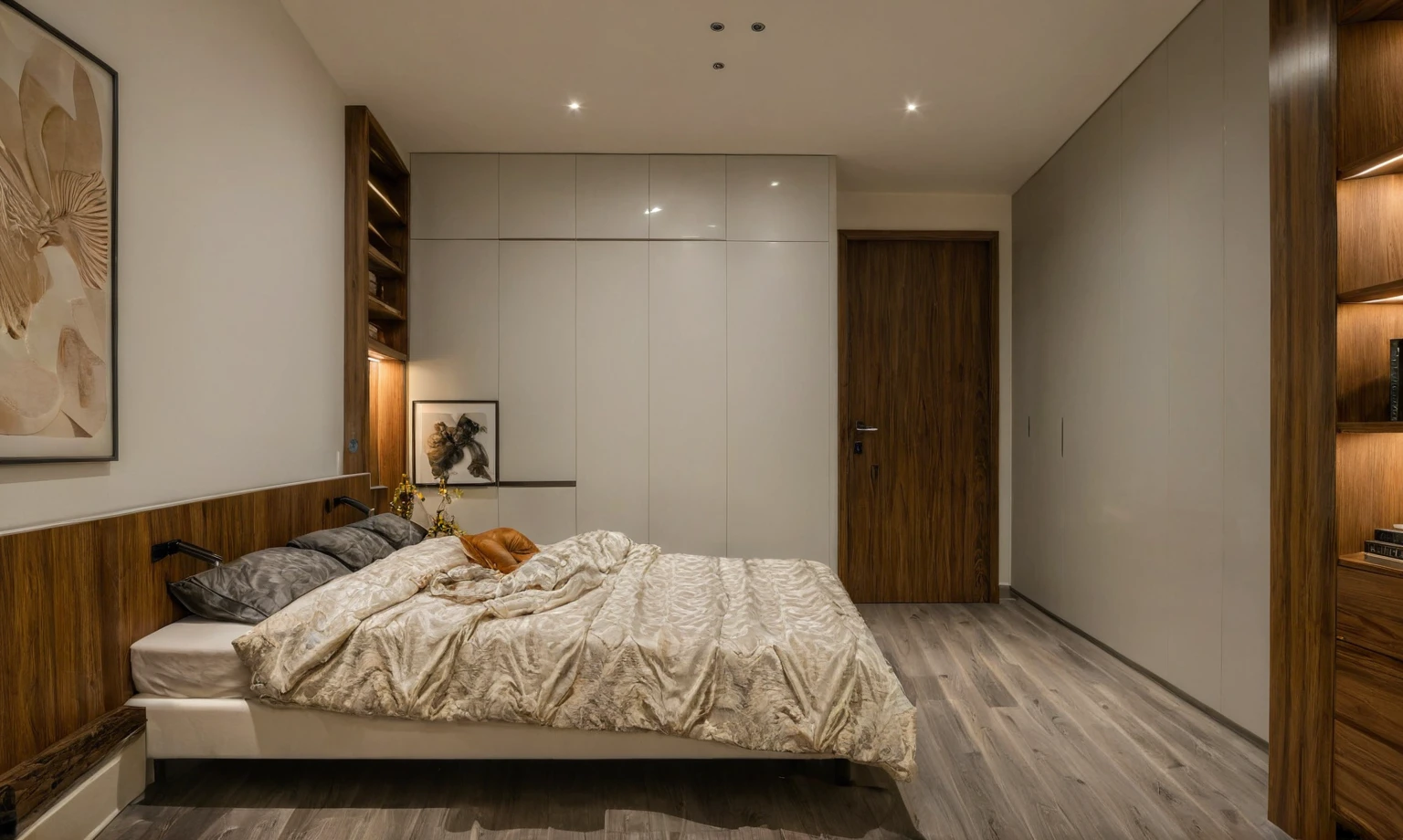 Raw photo,Masterpiece, high quality, best quality, authentic, super detail, interior, indoors, dinning room, kitchen room, style Indochine modern, minimalist line, aiaigroup , wooden, walnut veneer wood, led light, white paint wall, sofa, BED RooM