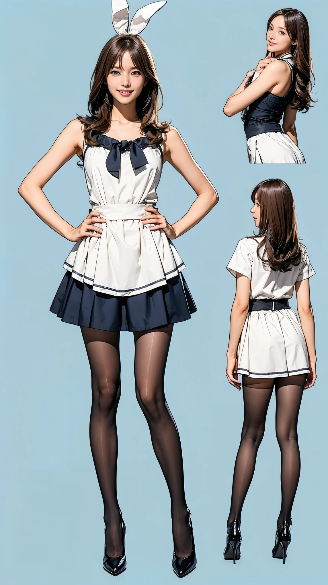((masterpiece)),(((Highest quality))),((Character design sheet)),Thin thighs,Long legs,Bunny girl in a light blue maid outfit:1.5，Wearing light blue tights:1.5，The best smile:1.5，Full Body Shot:1.5，Gray background:1.5，Wearing black high heels:1.5，short side waves:1.5，