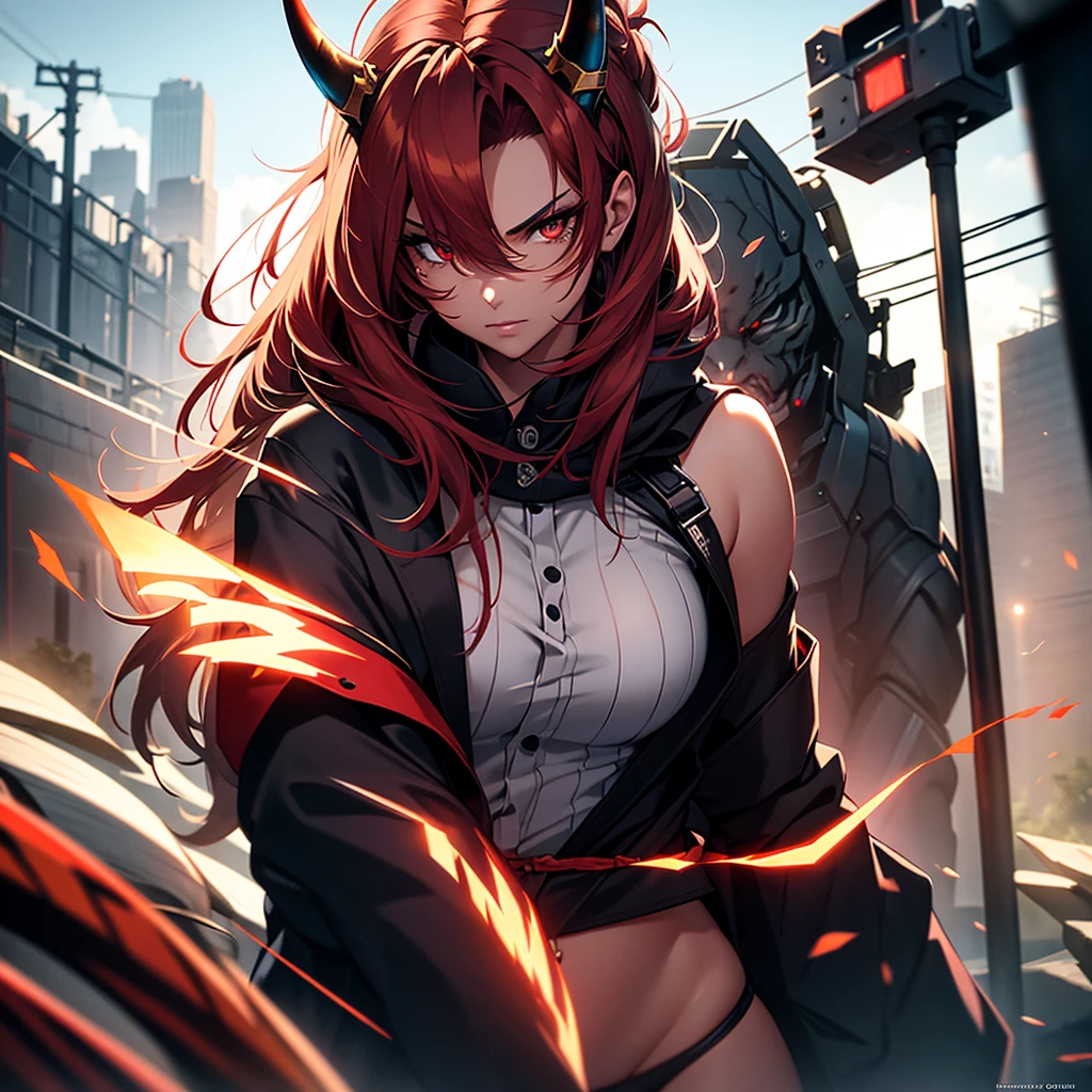 (1girl:1.3), Masterpiece, Best quality, amazing beauty, [[3D]], 4K, absurdres, finely detail, super detailed eye, perfect anatomy, official art, cinematic lighting, BREAK, A strong and fierce-looking girl with red or blue skin, horns on her head, and wearing a tiger-skin loincloth. She carries a large metal club.