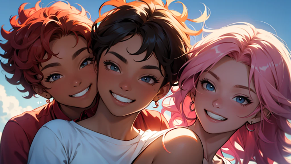  vibrant cartoon where a lesbian couple shares a happy moment together. The colors of the lesbian flag - pink, white and a touch of orange - form the backdrop. They both have curly hair, one black and the other light brown that fall softly around their smiling faces.  one of them has light black skin and the other is also brown, but a little lighter than the other. The image is sharp and clear, with an HD resolution of 626x417px, capturing the joy and love they share.