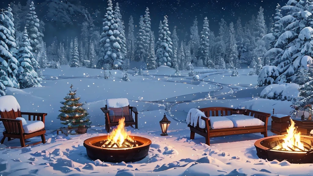 In a cozy, well-furnished living room, there is a fire pit in the middle of a bed with candles, a digital rendering inspired by Zsuzsa Máthé, shutterstock, digital art, cozy and calm, youtube video screenshot, cosy enchanted scene, winter setting, cozy and peaceful atmosphere, 🌲🌌, bathed in the the glow of a fire, captura, cozy setting