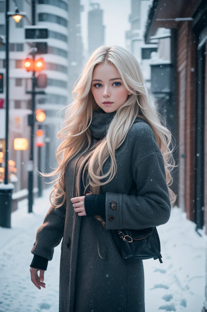 professional photography of a beautiful norwegian girl in winter clothes with long wavy blonde hair, sensual and seductive look, beautiful symmetrical face, beautiful natural makeup, wearing chic warm winter fashion clothing, ((standing outside on the snowy city street)), impressive modern urban environment, ultra realistic, conceptual artwork, chic, highy detailed, intricate, sharp focus, Depth of field, f/1. 8, 85 mm, medium shot, mid shot, (((professional color grading))), soft and bright diffused light, (Volumetric fog), Trends on Instagram, HD 4k, 8K