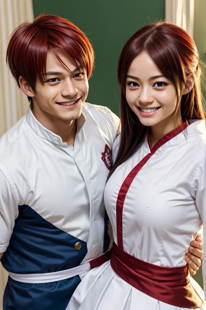 Shoto todoroki from bokuno hero academy with a beautiful young girl with green eyes with a beautiful smile dressed in white 