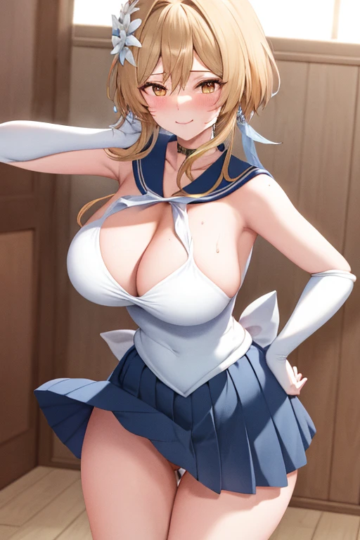 masterpiece, high definition, best quality, rendered art, well formed hands, fingers and body, 1 woman, solo, Lumine, adult, grown up, wearing Sailor Moon's outfit, big ed, cleava body, sexy sailor sei uniform, short blue skirt, red boots, gorgeous hips, legs and thighs, white elbow gloves, sailor collar, tiara, earrings, doing exercise, warming up, working out, sexy and captivat training, smiling joyfully and happily , panties peek, sweatiuncing breasts , training montage , beach environment