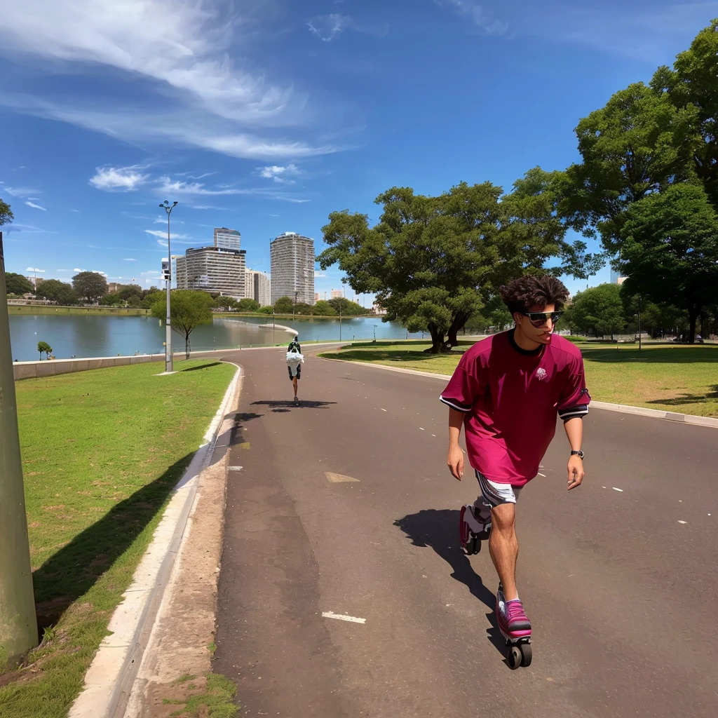 there is a man walking down a road, with a park in the background, walking in the park, with a park in the background, park in the background, In a city park, roller skates, matthew 9 5, malika favre, with a city in the background, Caio Santos, in a park.