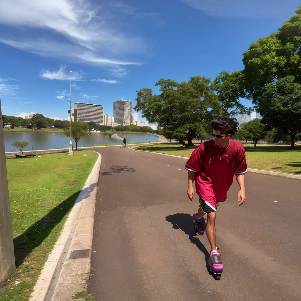 there is a man walking down a road, with a park in the background, walking in the park, with a park in the background, park in the background, In a city park, roller skates, matthew 9 5, malika favre, with a city in the background, Caio Santos, in a park.