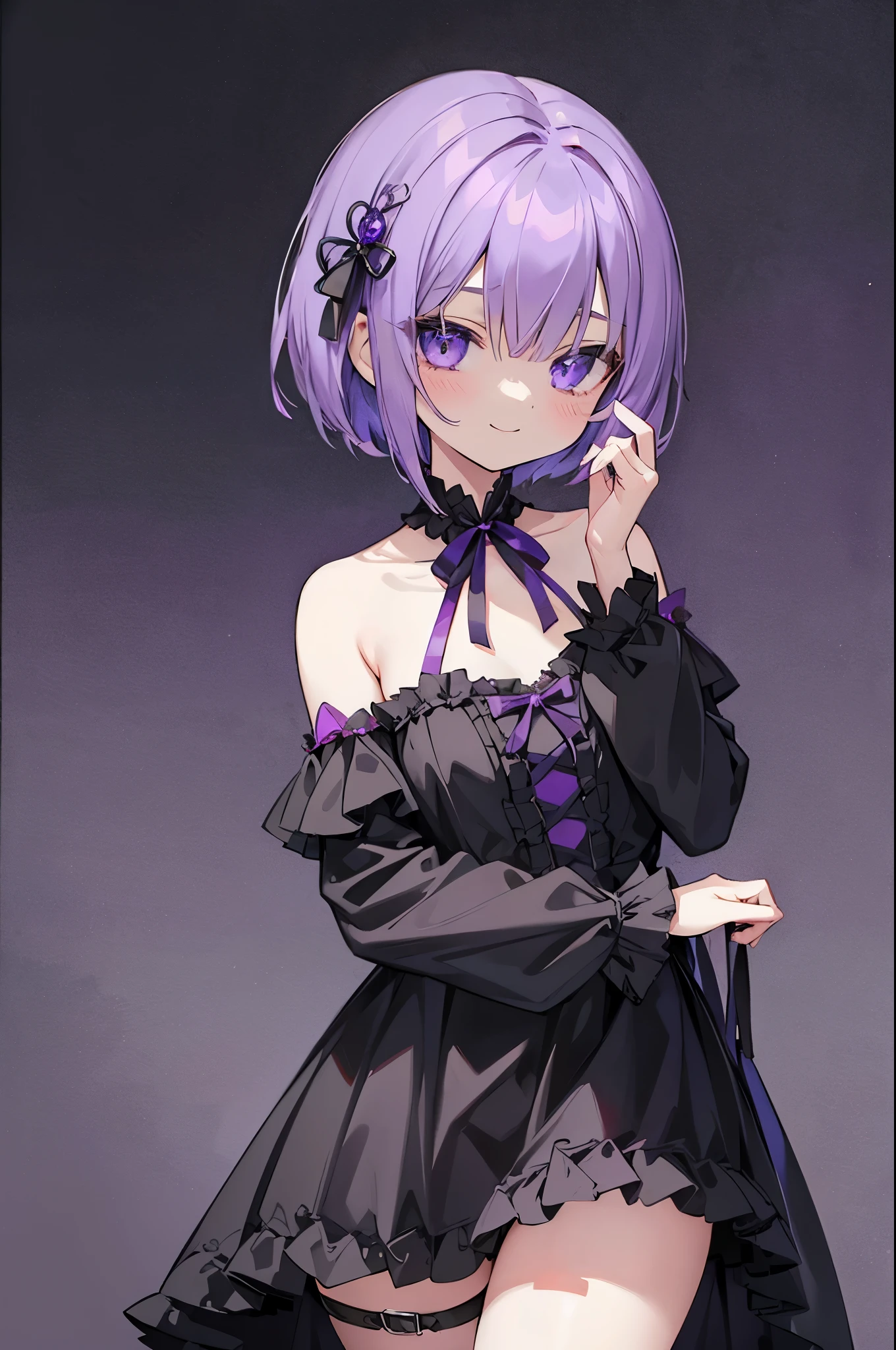 Middle Shorthair mysteriousな前髪 gloomy Darkness Deep Window Slender Young Purple Hair mysterious A hidden smile smile Tranquility Alluring Mischievous Mean Belt on torso ribbon Frills Black Costume Gothic Girl Japanese anime hand drawn illustration