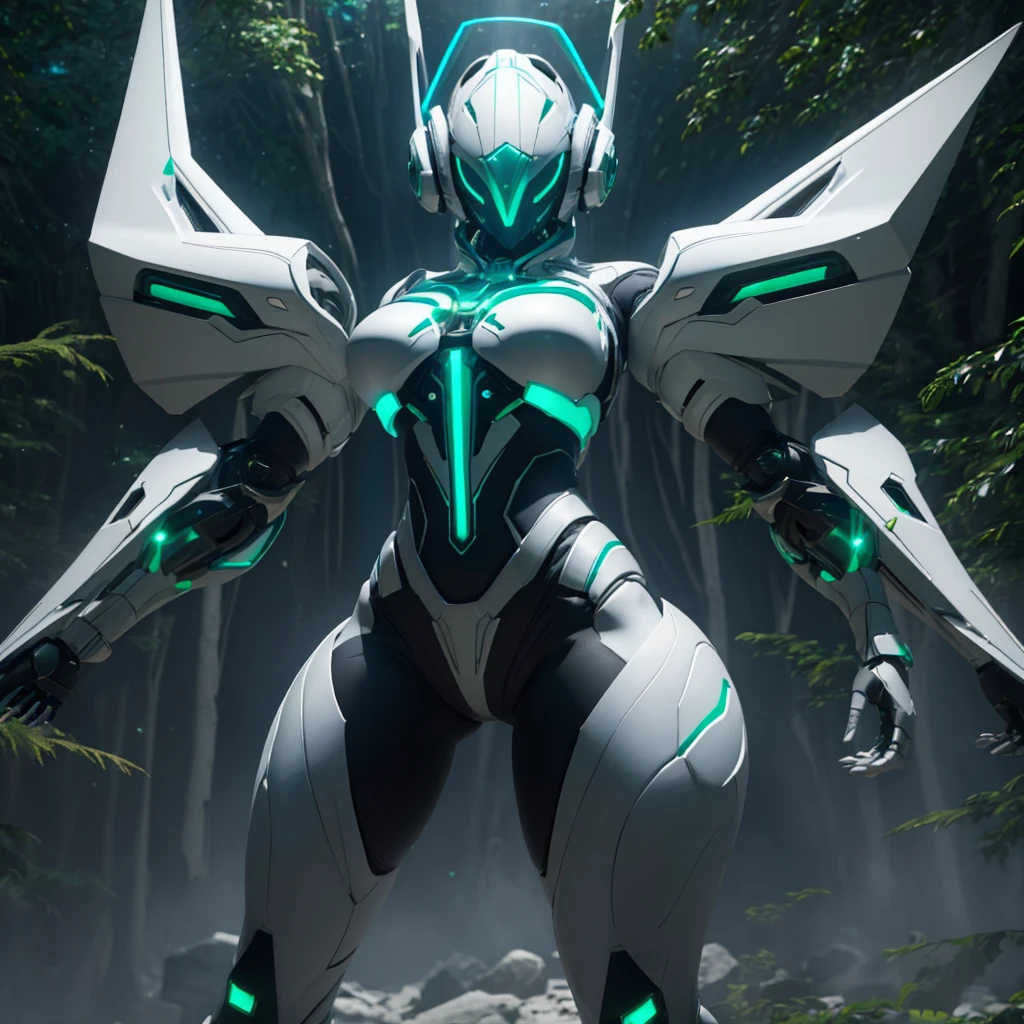 Dronificated unknown woman in a fully enclosed white latex fullbody suit with blue lights across the suit and green star shaped glowing core in the chest, fully enclosed cyber helmet that cover her whole face and hides her identity with a blue screen that has a white star, huge breast, narrow waist, wide hips and thick thighs, Mechanical wings, in a forest, no face, no hair, no mouth, no eyes, (perfect anatomy)