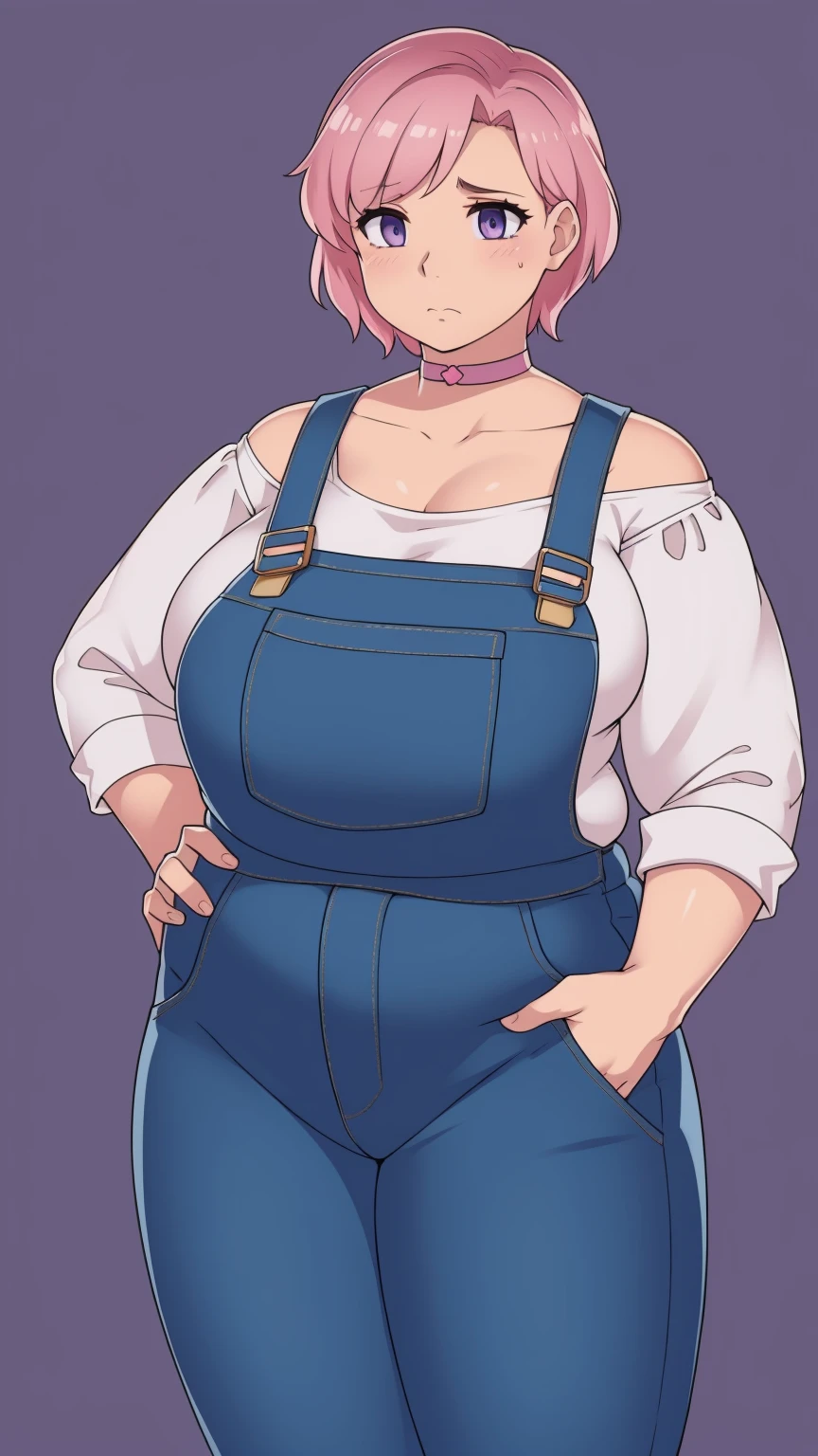 (Pale skin:1.0)Up close, Holding belly, hands on belly, outgrown clothes, (Sad:1.1), (Sad face:1.1)Pale skin, (Obese:1.1),fat, Slightly chubby, sad, farm backround, upper body, looking at viewer, 1girl, solo, short pink hair, (dark blue choker), (dark blue denim overalls), (purple eyes), (pink boots), (white shoulder lantern sleeve blouse, tucked in pants