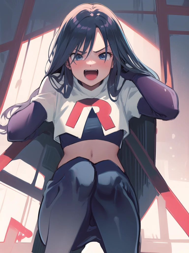 masterpiece, best quality, 1 girl, darkblue hair, long hair, team rocket,team rocket uniform, twitch, slapstick comedy, laugh eyes, laugh open mouth