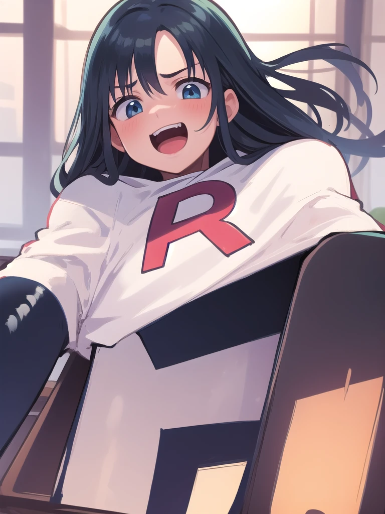 masterpiece, best quality, 1 girl, darkblue hair, long hair, team rocket,team rocket uniform, twitch, slapstick comedy, laugh eyes, laugh open mouth