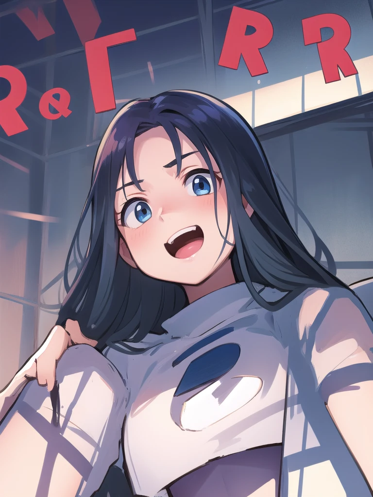 masterpiece, best quality, 1 girl, darkblue hair, long hair, team rocket,team rocket uniform, twitch, slapstick comedy, laugh eyes, laugh open mouth