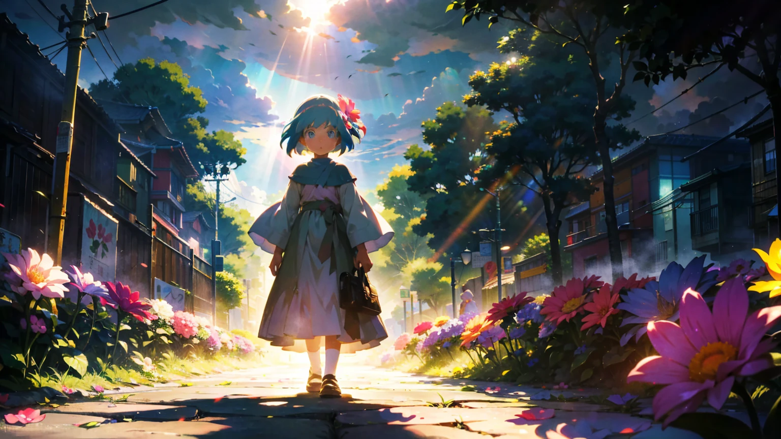 A vibrant flower blooms on the dirty ground of a large gray avenue. A crowd of gray, soulless people crosses the streets. A colorful , glowing with bright hues, stands protectively over the flower, protecting it with her little hands and determined eyes. Sunlight breaks through the dark clouds. Studio Ghibli style