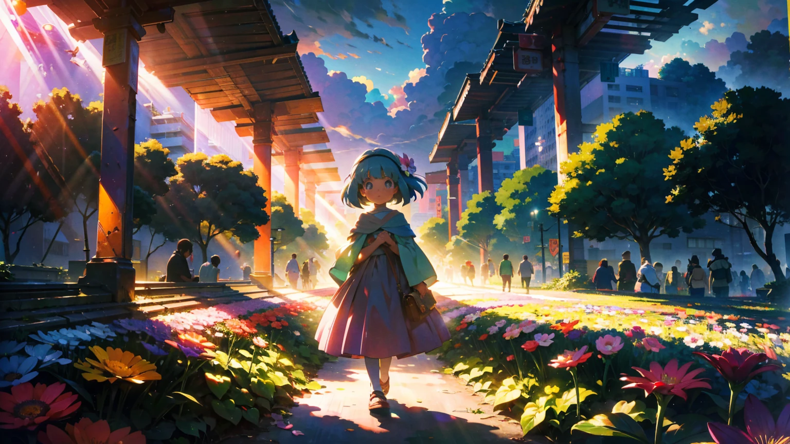 A vibrant flower blooms on the dirty ground of a large gray avenue. A crowd of gray, soulless people crosses the streets. A colorful , glowing with bright hues, stands protectively over the flower, protecting it with her little hands and determined eyes. Sunlight breaks through the dark clouds. Studio Ghibli style
